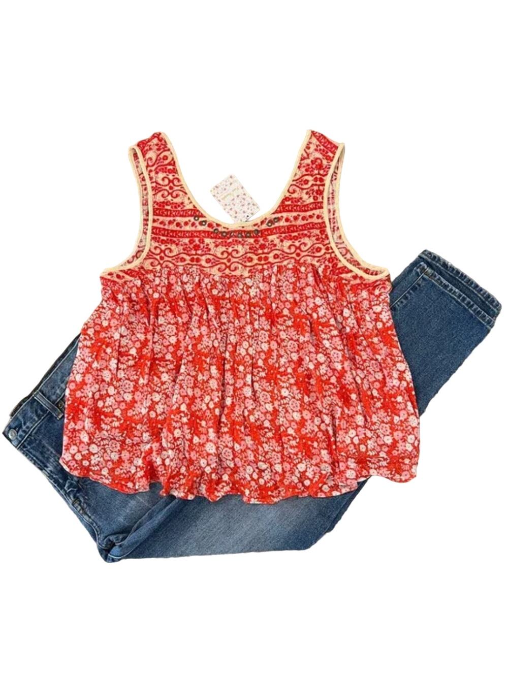 NWOT  Free People Orange/Cream Boho Linen Blend Top - SIZE MEDIUM